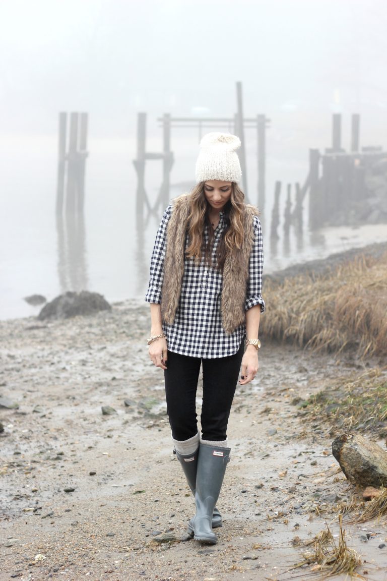 plaid shirt with fur vest