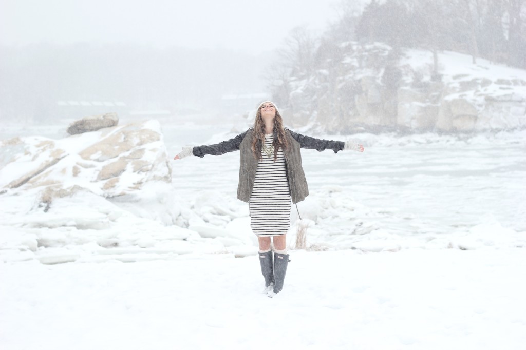 Striped dress, canvas jacket with leather sleeves, Hunter boots