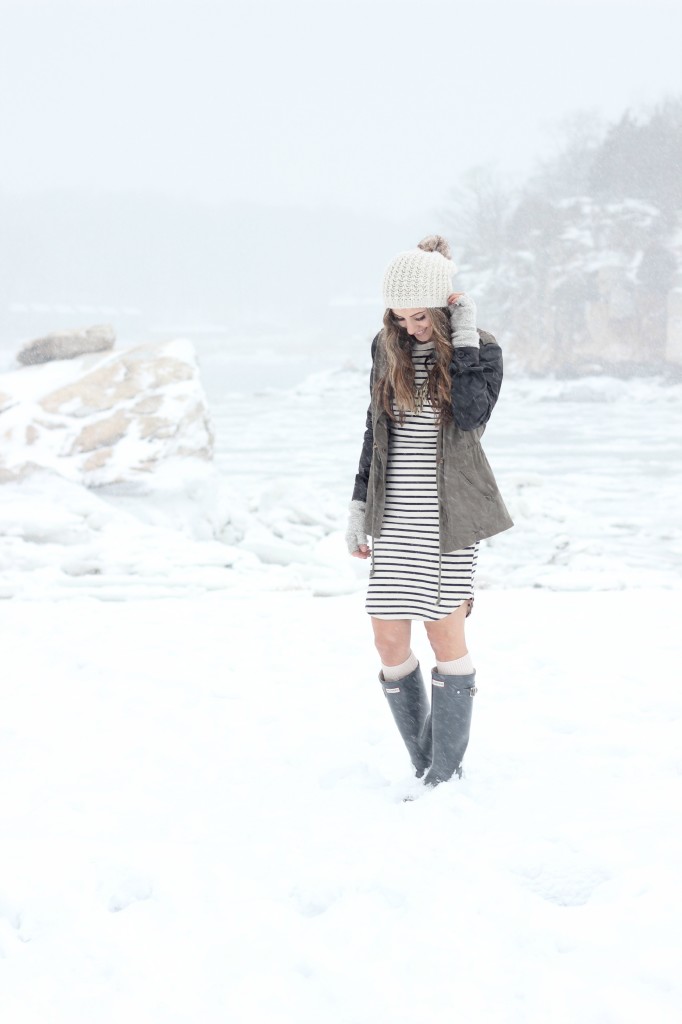 Striped dress, canvas jacket with leather sleeves, Hunter boots