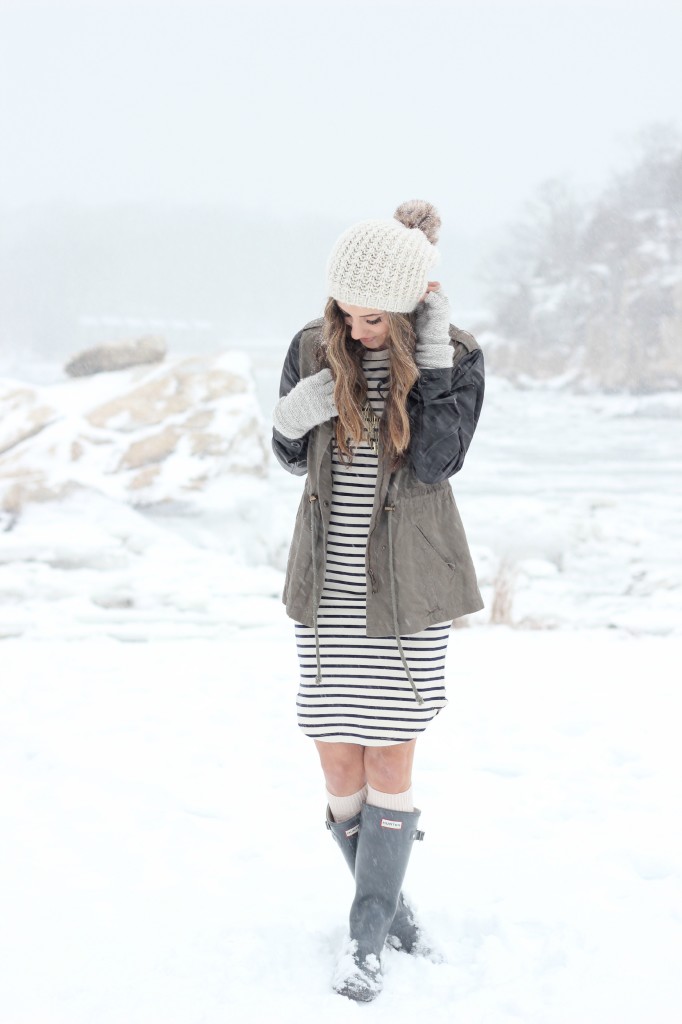 Striped dress, canvas jacket with leather sleeves, Hunter boots