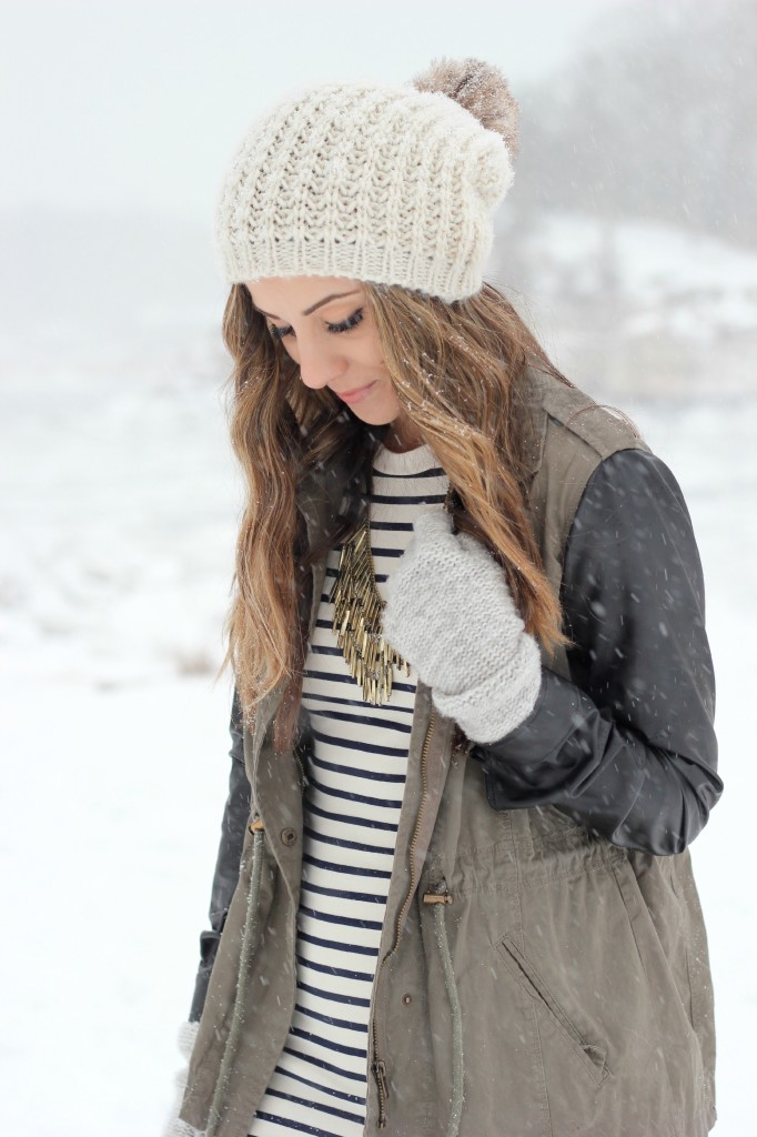 Striped dress, canvas jacket with leather sleeves, Hunter boots