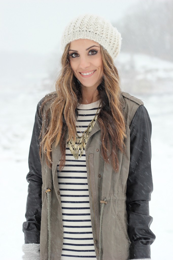 Striped dress, canvas jacket with leather sleeves, Hunter boots