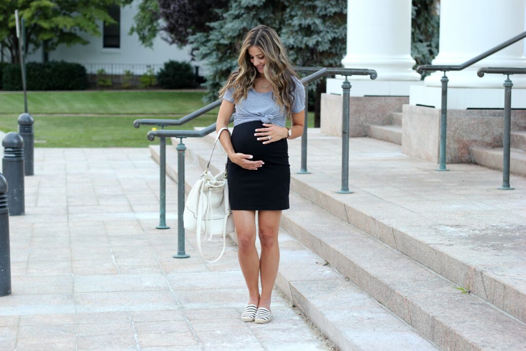 A casual little black dress with striped soludos. Maternity style
