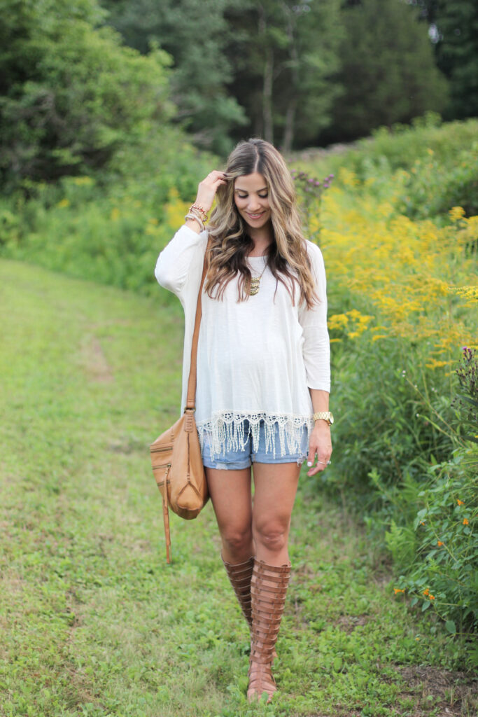 Boho Maternity Style, Fringe top, gladiator sandals, distressed shorts