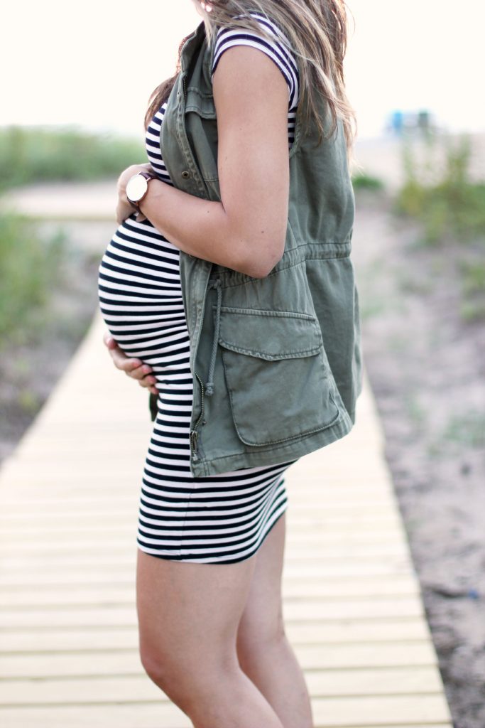 Maternity style, Striped Dress, Leopard Clutch, Cargo Vest