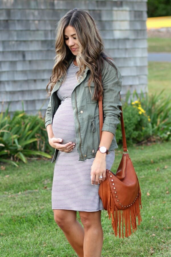 Maternity Style // Field Jacket and Striped Midi Dress - Lauren McBride