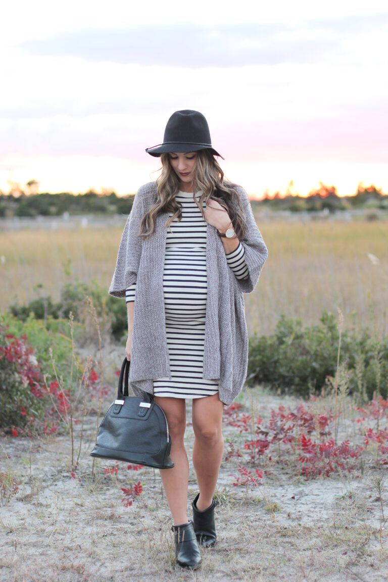 Maternity Style // Striped Dress with Cozy Cardigan and Clarks New Fall Line