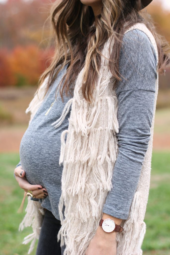 Fall maternity style, fall maternity fashion, fringe vest and over the knee boots, Sam Edelman Pierce