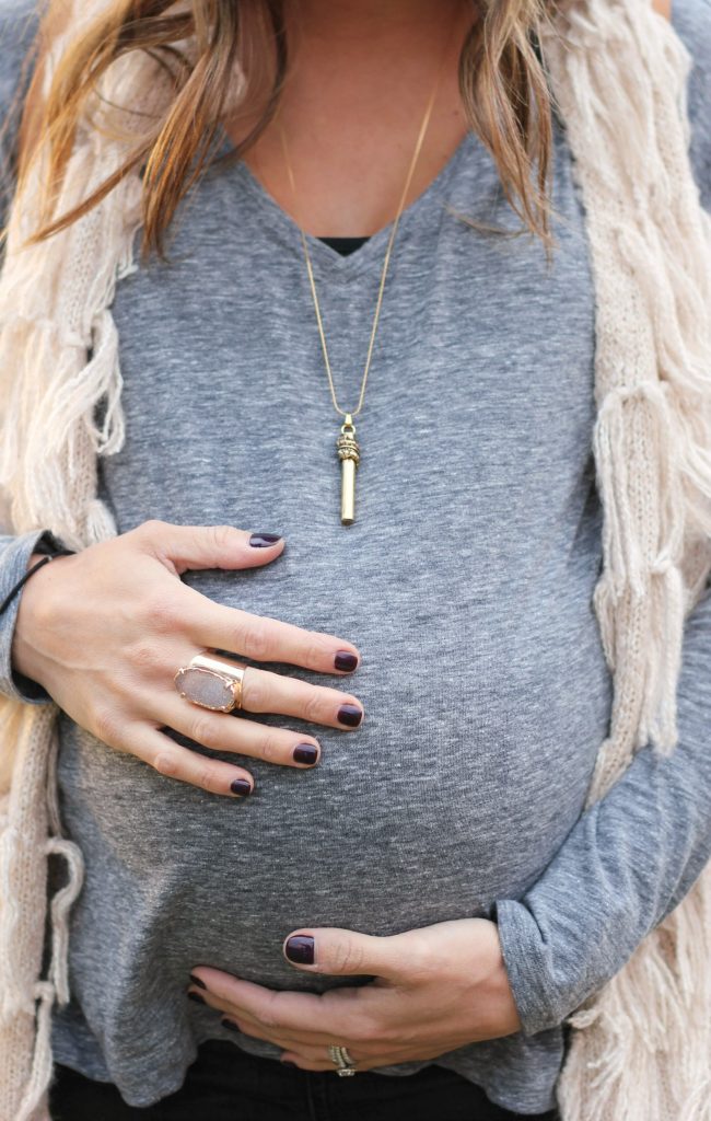 Fall maternity style, fall maternity fashion, fringe vest and over the knee boots, Sam Edelman Pierce