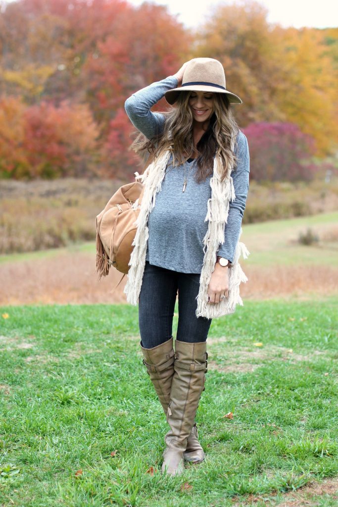 Fall maternity style, fall maternity fashion, fringe vest and over the knee boots, Sam Edelman Pierce