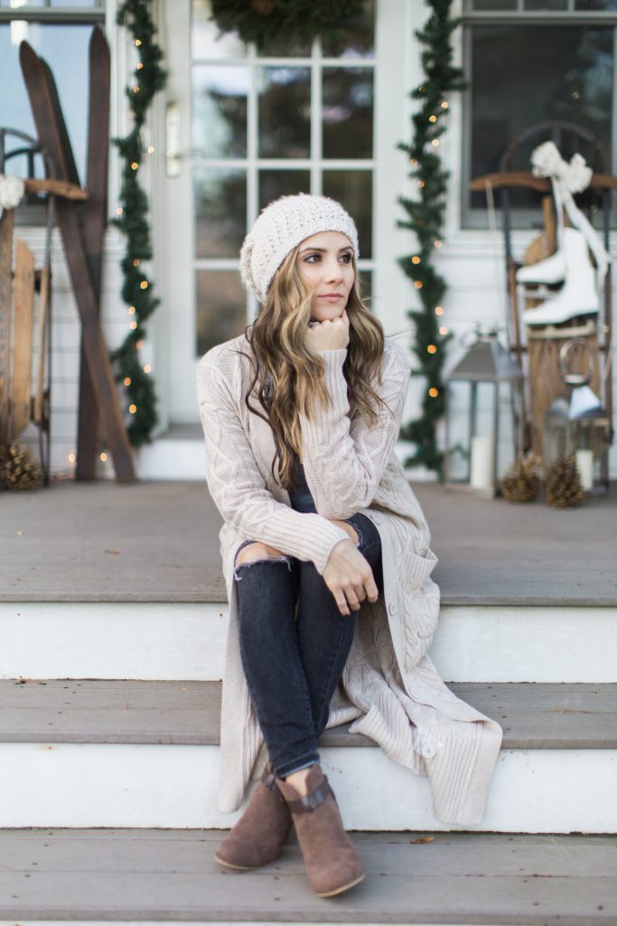 Lulu's maxi cardigan with distressed jeans, a chambray top, and booties makes for the perfect cozy winter style.