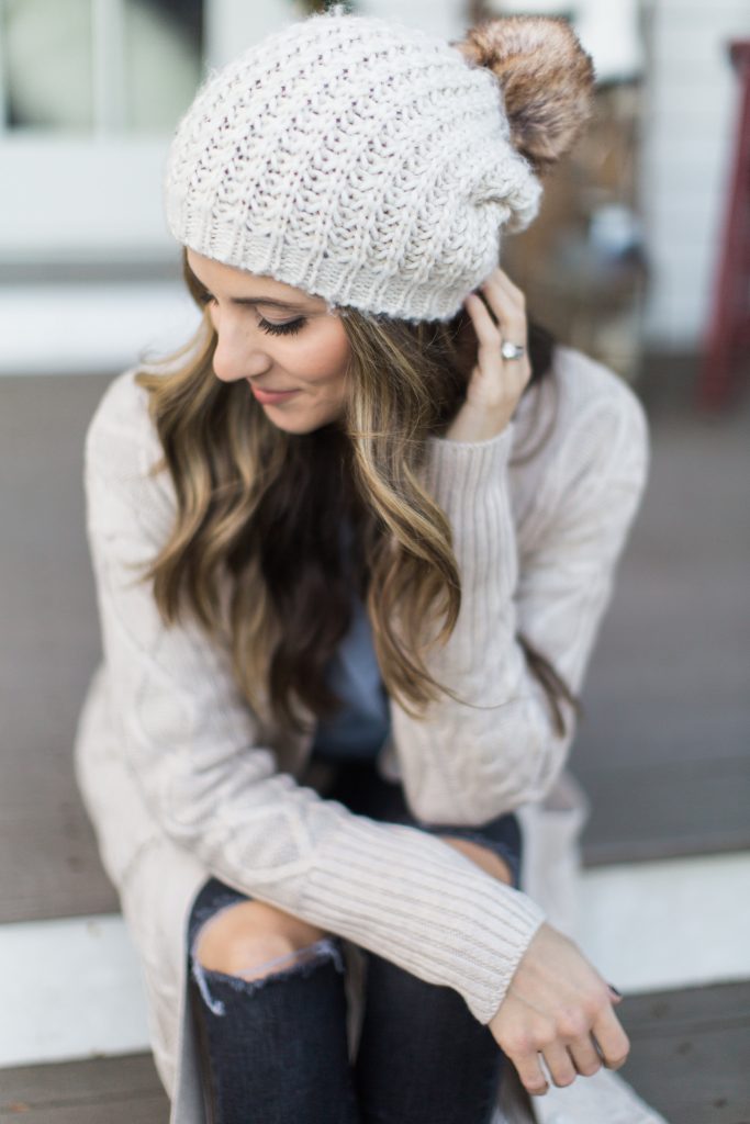 Lulu's maxi cardigan with distressed jeans, a chambray top, and booties makes for the perfect cozy winter style.