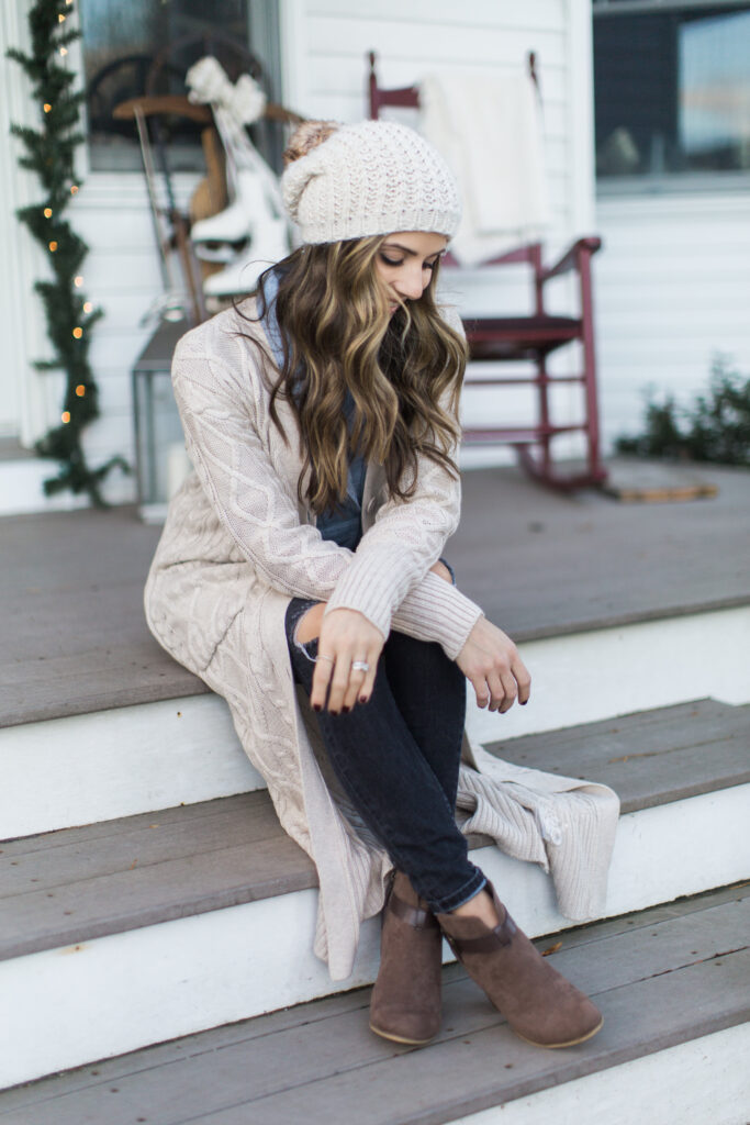 Lulu's maxi cardigan with distressed jeans, a chambray top, and booties makes for the perfect cozy winter style.