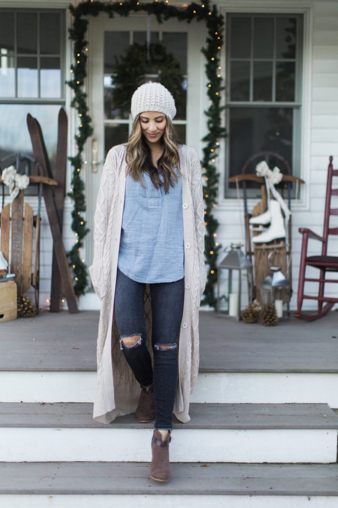 Lulu's maxi cardigan with distressed jeans, a chambray top, and booties makes for the perfect cozy winter style.