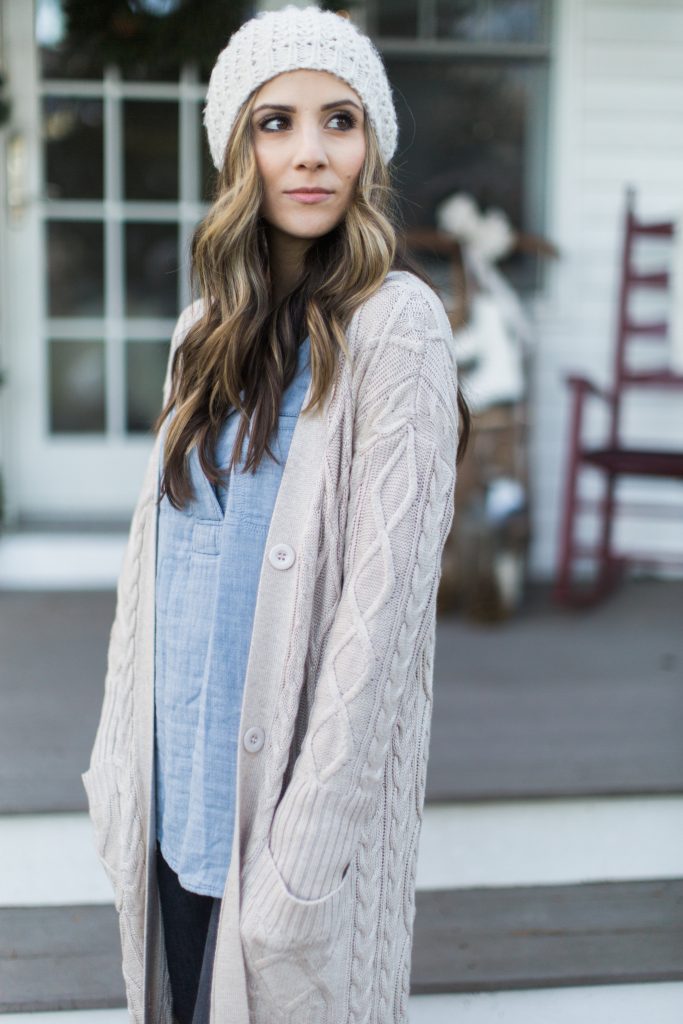 Lulu's maxi cardigan with distressed jeans, a chambray top, and booties makes for the perfect cozy winter style.