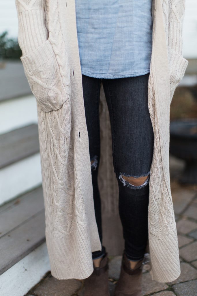 Lulu's maxi cardigan with distressed jeans, a chambray top, and booties makes for the perfect cozy winter style.