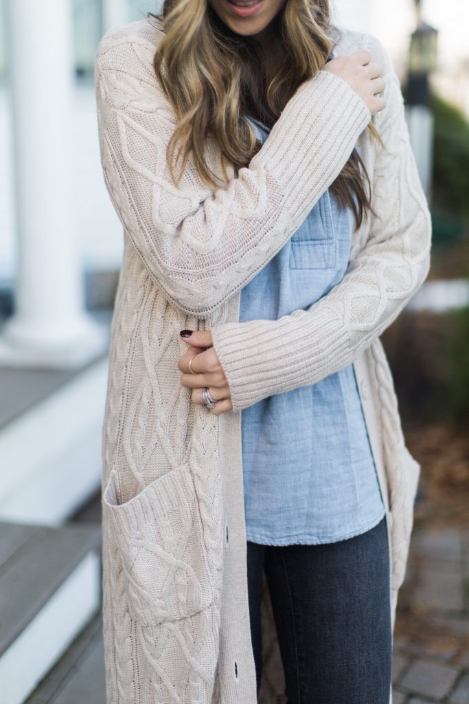 Lulu's maxi cardigan with distressed jeans, a chambray top, and booties makes for the perfect cozy winter style.