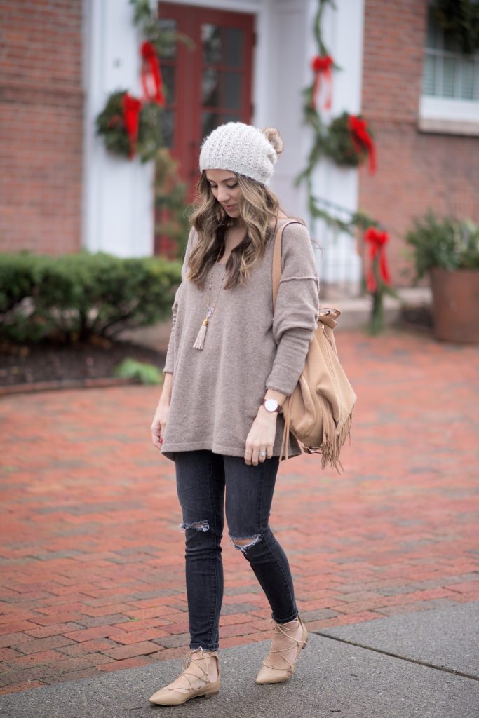 Free People Softly V Sweater with distressed black denim and lace up flats