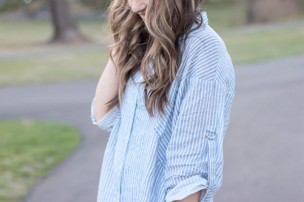 Lauren McBride - Casual ILY Couture striped button down with distressed white skinny jeans and chunky Sole Society heels for a chic spring look.