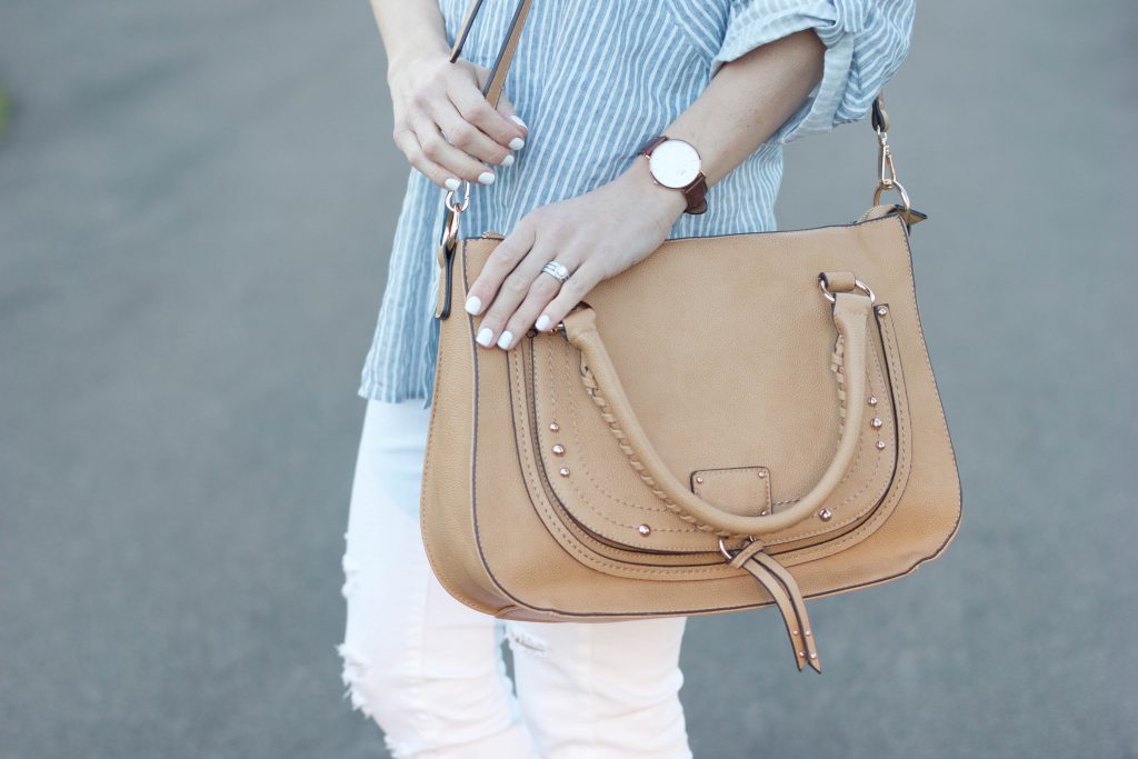 Lauren McBride - Casual ILY Couture striped button down with distressed white skinny jeans and chunky Sole Society heels for a chic spring look.