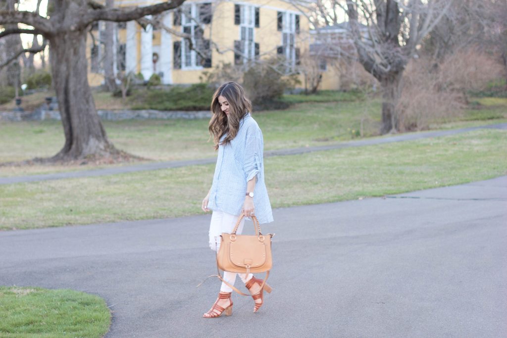 Lauren McBride - Casual ILY Couture striped button down with distressed white skinny jeans and chunky Sole Society heels for a chic spring look.