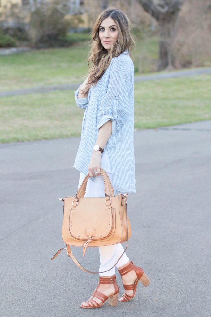 Lauren McBride - Casual ILY Couture striped button down with distressed white skinny jeans and chunky Sole Society heels for a chic spring look.