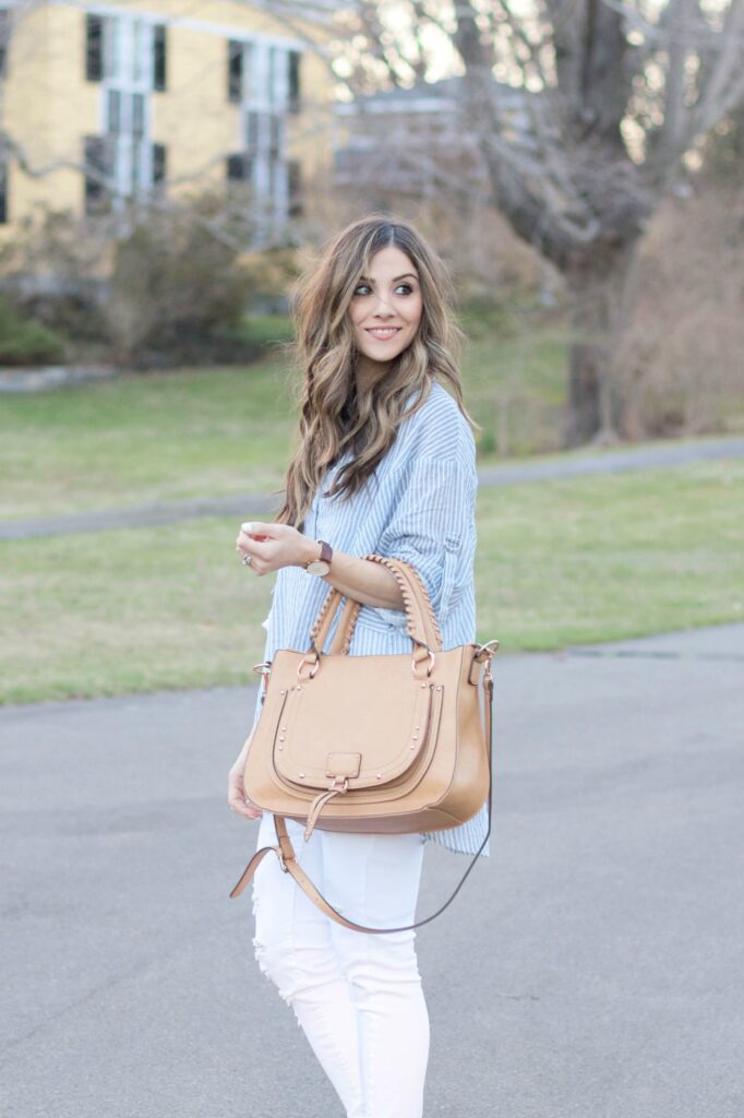 Lauren McBride - Casual ILY Couture striped button down with distressed white skinny jeans and chunky Sole Society heels for a chic spring look.