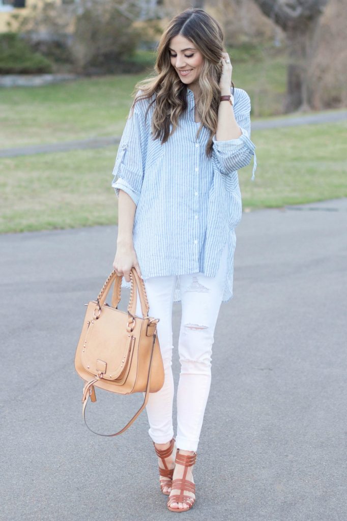 Lauren McBride - Casual ILY Couture striped button down with distressed white skinny jeans and chunky Sole Society heels for a chic spring look.