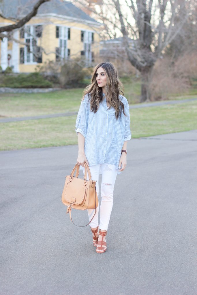 Lauren McBride - Casual ILY Couture striped button down with distressed white skinny jeans and chunky Sole Society heels for a chic spring look.