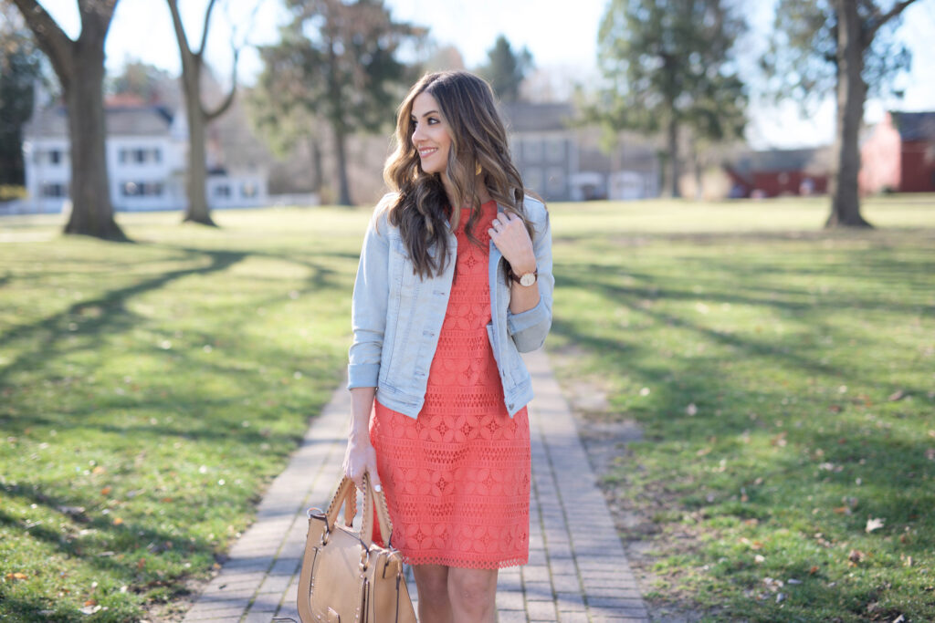 Maggy London Orange Crush T-shirt dress styled with a denim jacket and leopard espadrilles for an easy spring look