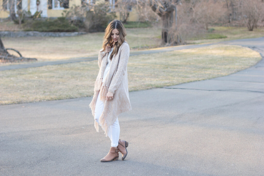 Fringe cardigan with Old Navy distressed white skinny jeans