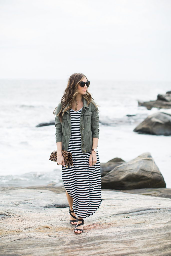 Striped maxi dress styled with a cargo vest for spring