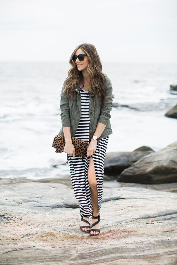 Striped maxi dress styled with a cargo vest for spring