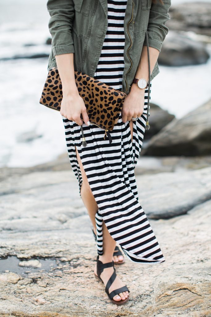 Striped maxi dress styled with a cargo vest for spring