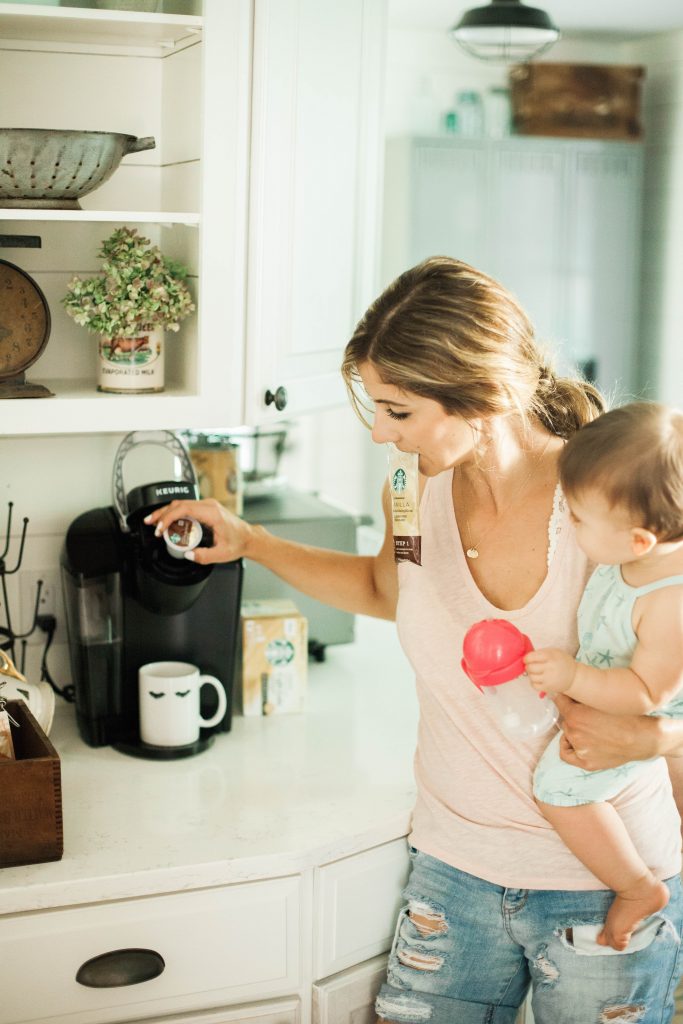 A home coffee bar for sleep deprived moms with Starbucks