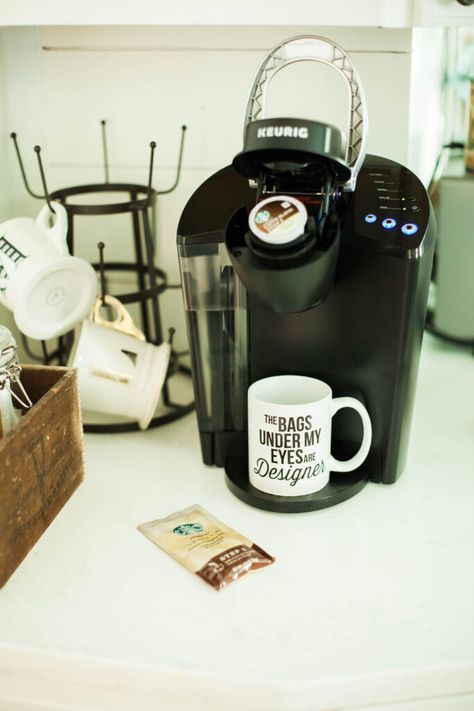 A home coffee bar for sleep deprived moms with Starbucks