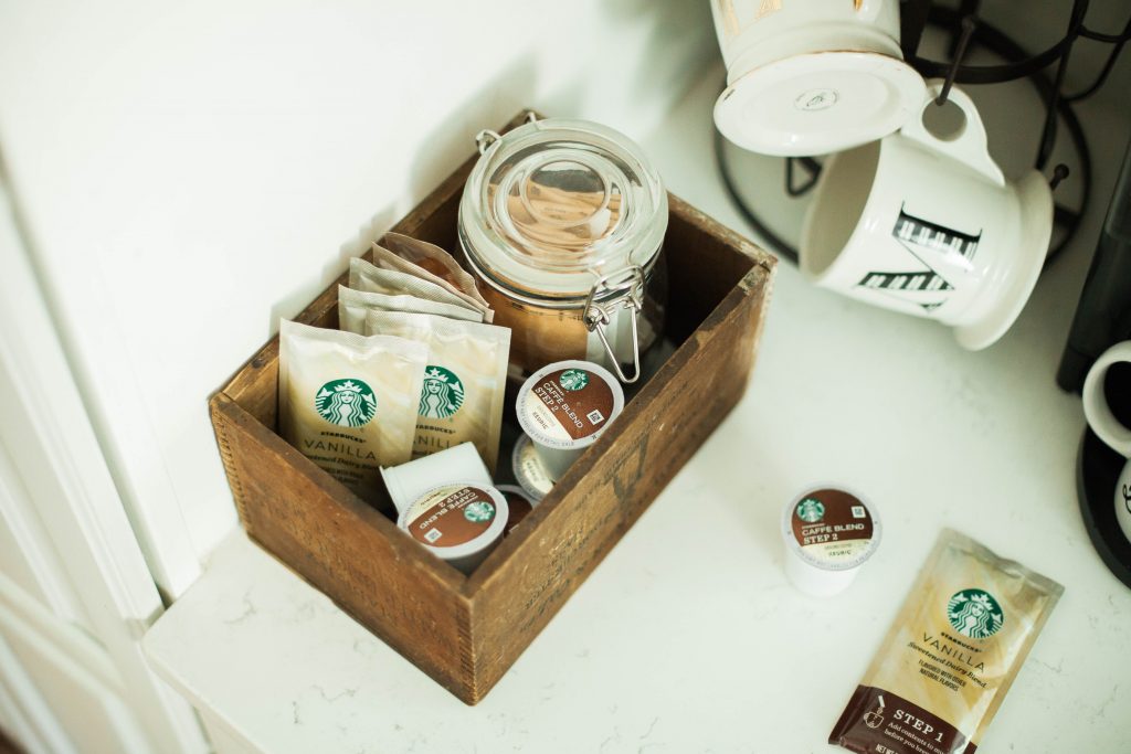 A home coffee bar for sleep deprived moms with Starbucks