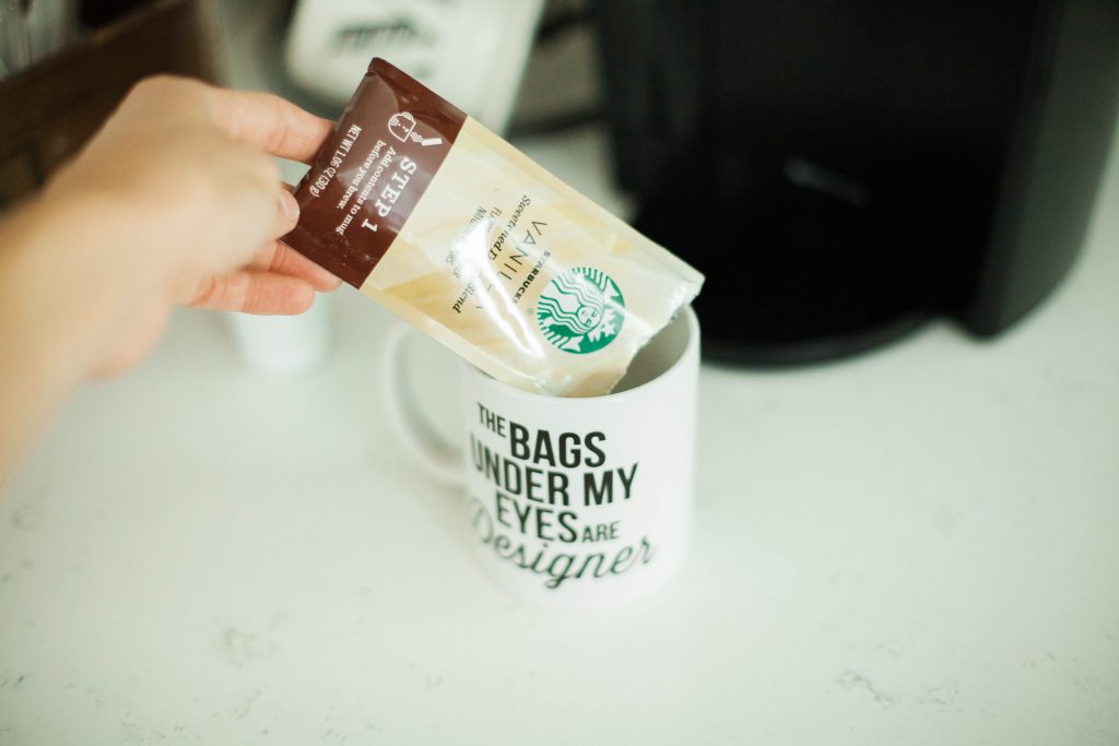 A home coffee bar for sleep deprived moms with Starbucks