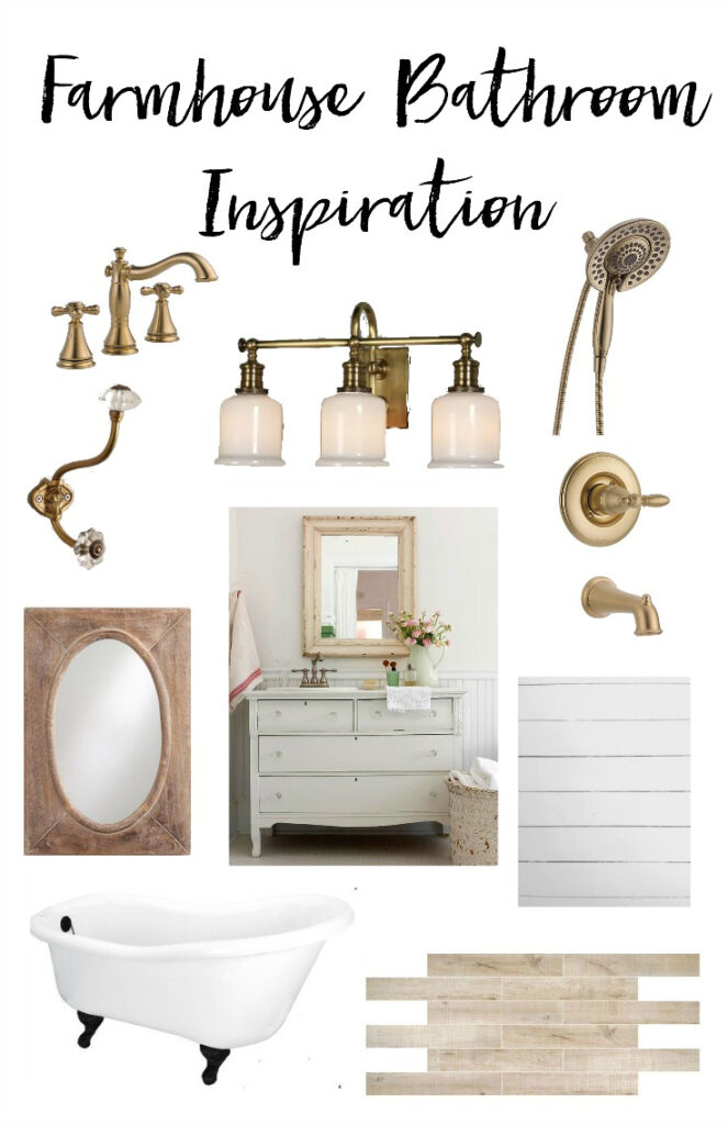 A peek inside our farmhouse bathroom inspiration with vintage and gold details and infusing coastal details