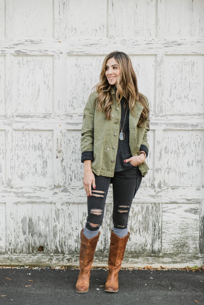 A casual fall look styling a cargo jacket with Frye boots