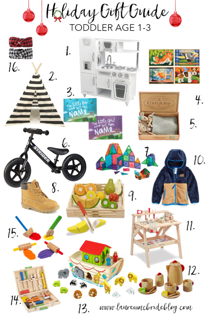 A curated holiday gift guide for toddlers ages 1-3 featuring a variety of toys to stimulate gross and fine motor skills, including wooden toys.