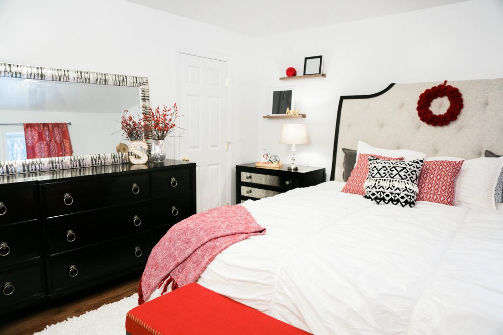 Bloggers Heart Habitat partner with Habitat for Humanity of Eastern Connecticut to design a glamorous master bedroom featuring red, white, and black decor.