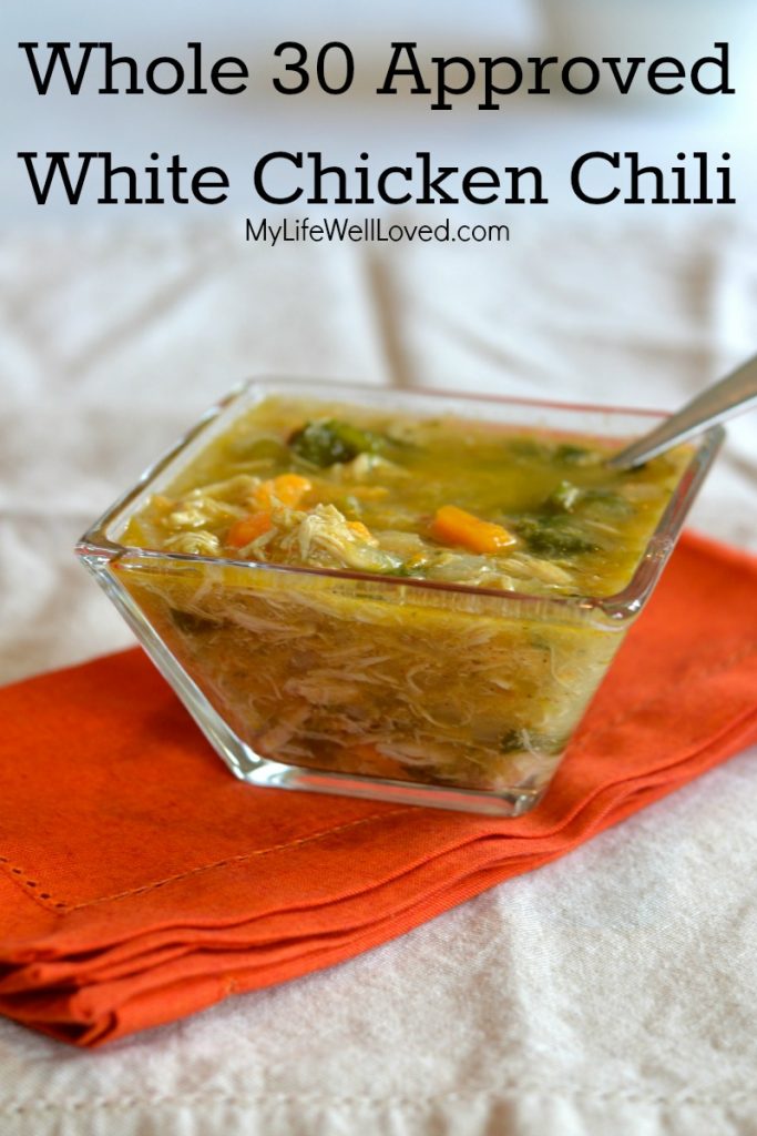 This Whole 30 approved white chicken chili recipe by My Life Well Loved is delicious!