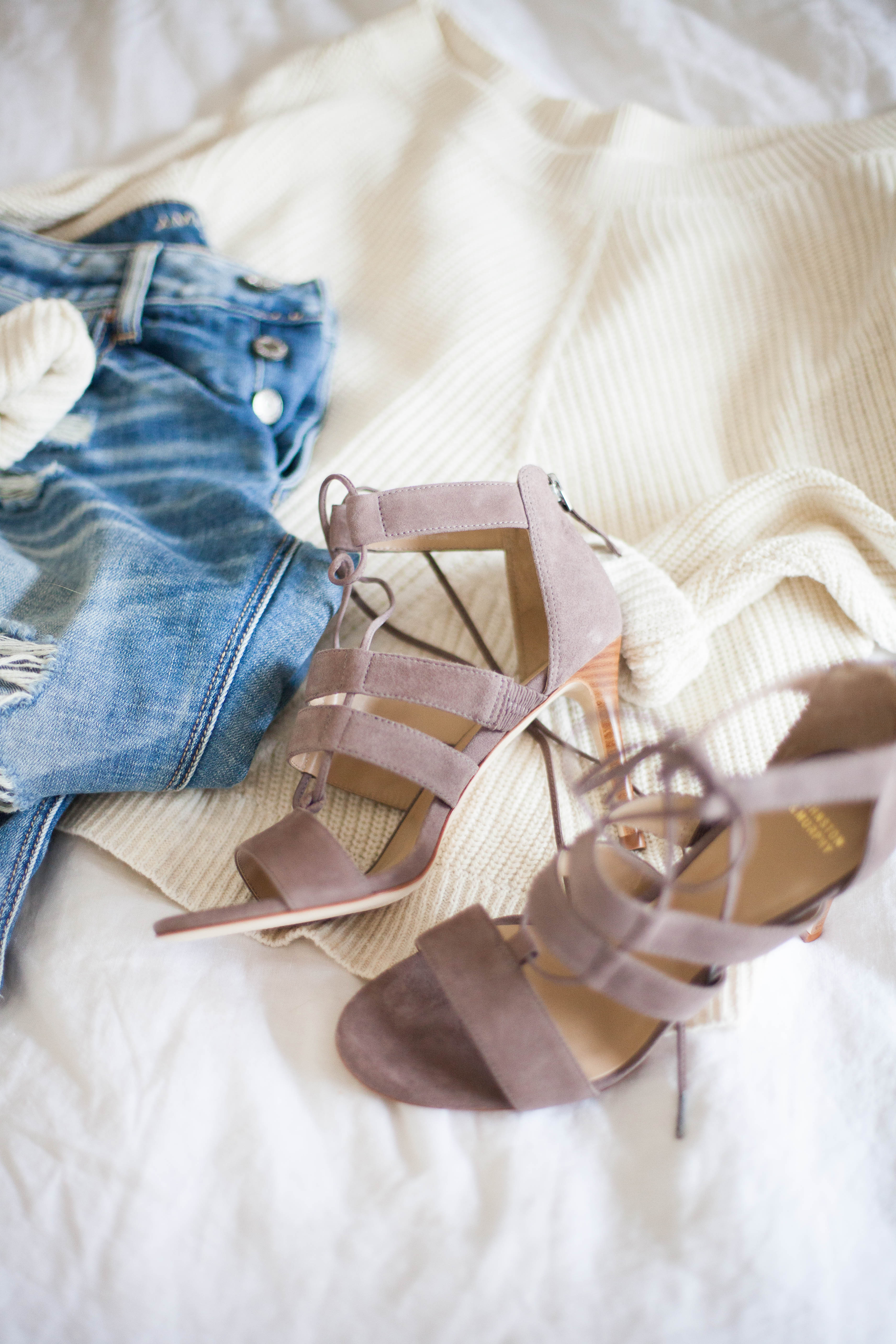 A casual way to style spring heels with distress boyfriend jeans and an off shoulder sweater.