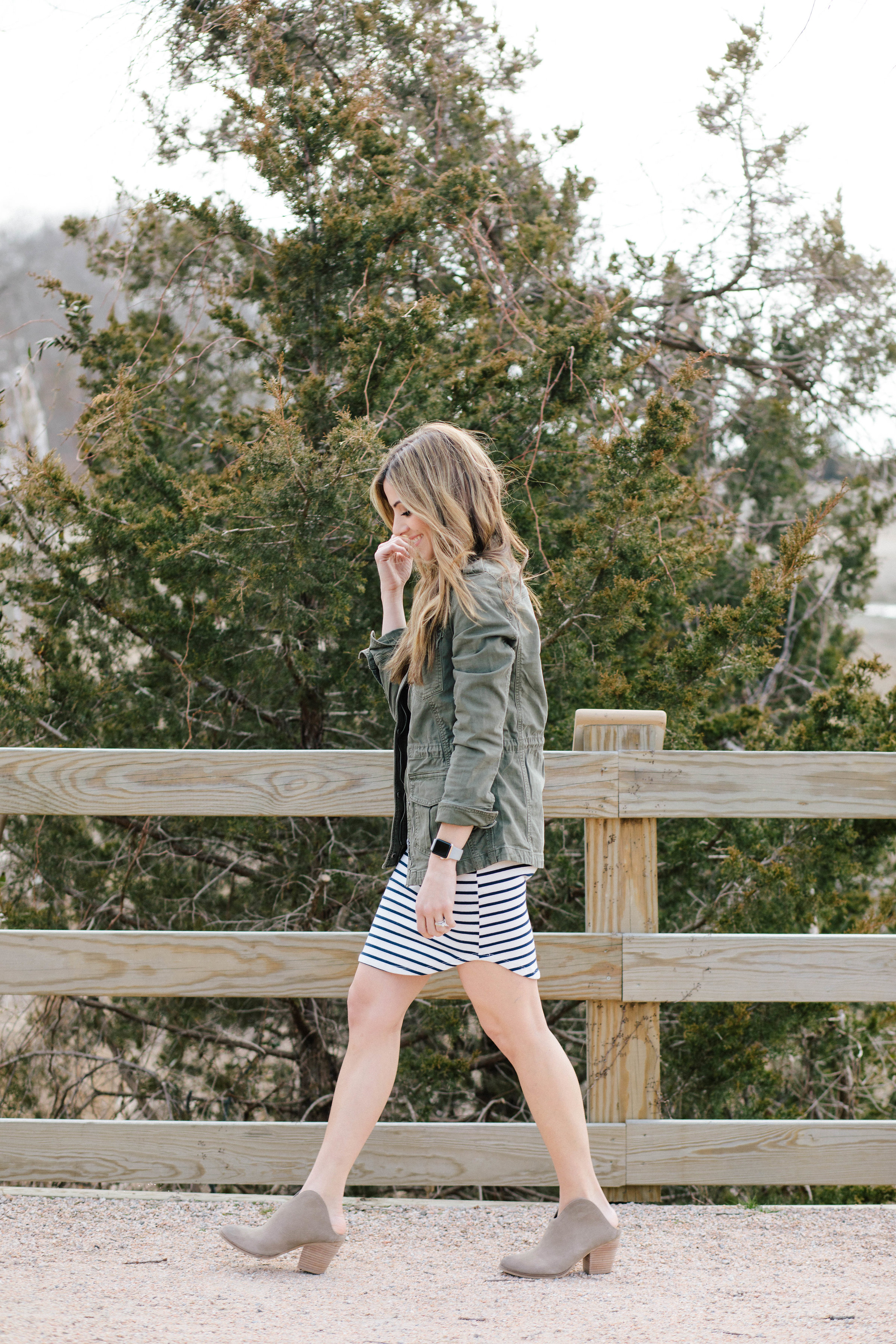 Need inspiration for how to style a striped dress? Adding a cargo jacket and booties is one of three ways in this post!