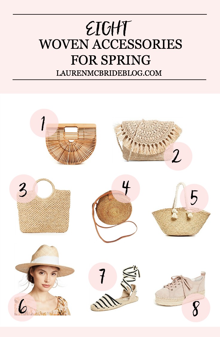 Life and style blogger Lauren McBride shares a roundup of Woven Accessories for Spring including handbags, shoes, and hats.