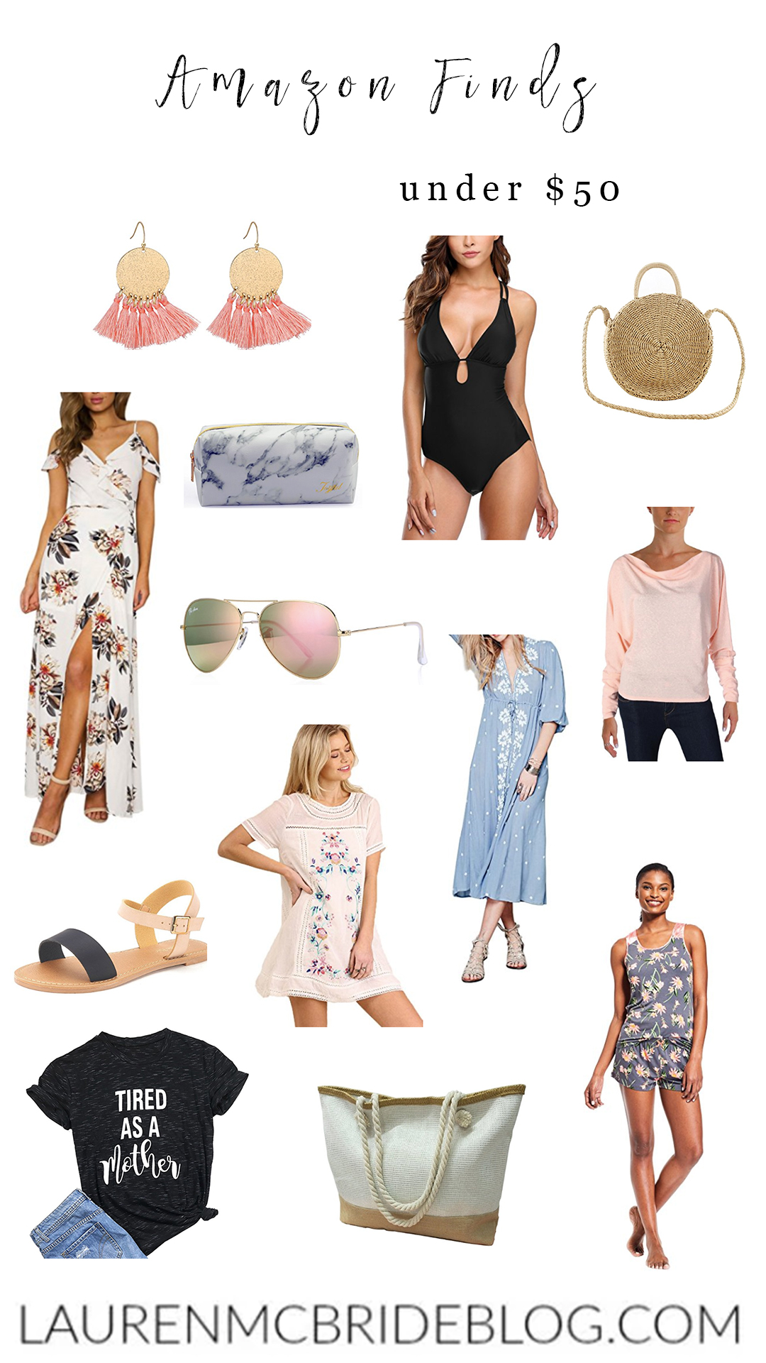 Life and style blogger Lauren McBride shares Amazon Finds under $50, including swimwear, accessories, shoes, bags, and more. 