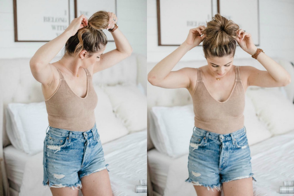 Life and style blogger Lauren McBride shares a Simple Top Knot Tutorial featuring styling products from Nioxin to help with postpartum hair loss.