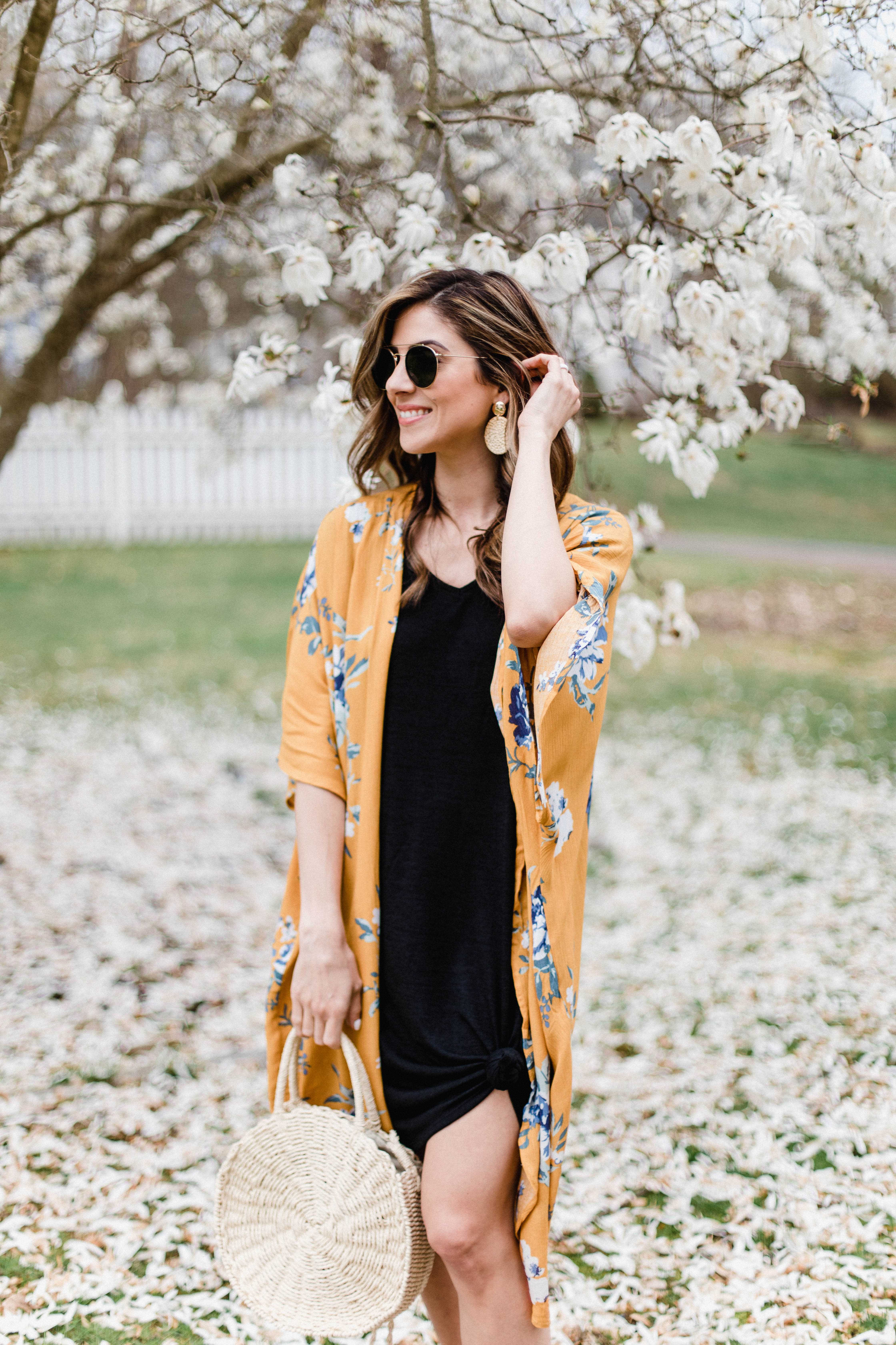 Connecticut life and style blogger Lauren McBride shares an easy spring outfit idea featuring a t-shirt dress worn with a kimono.