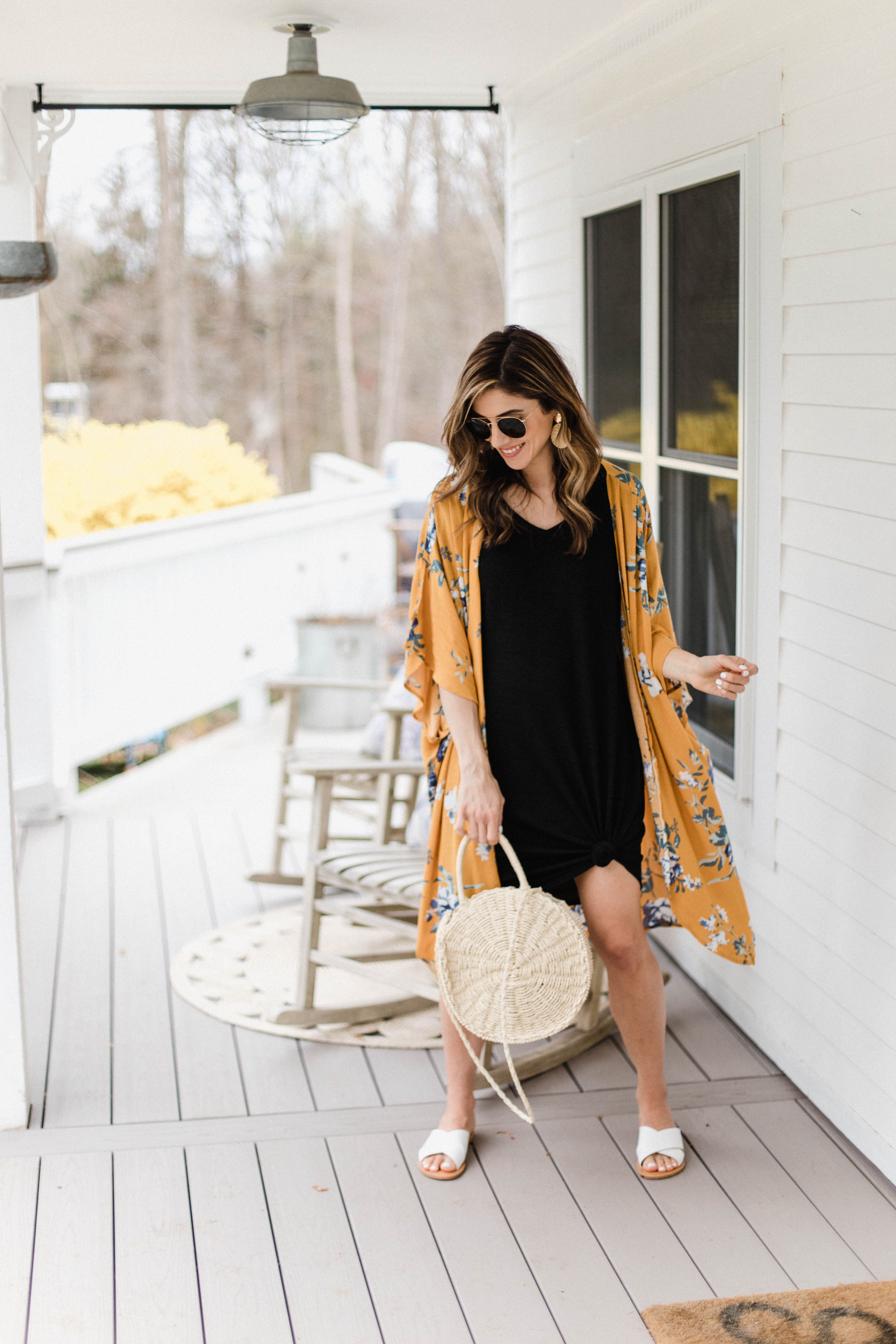 Connecticut life and style blogger Lauren McBride shares an easy spring outfit idea featuring a t-shirt dress worn with a kimono.